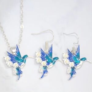 Blue and Silver Hummingbird Earrings Set.